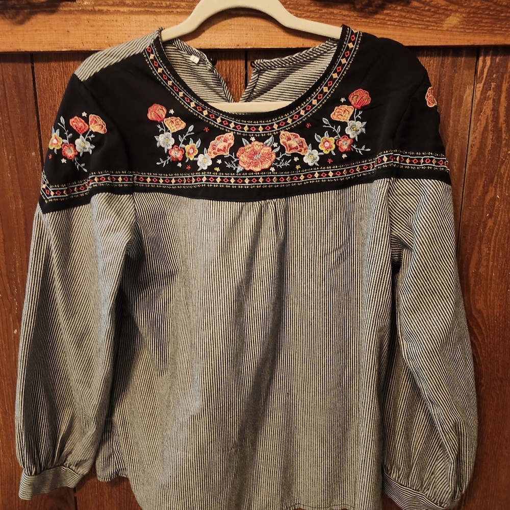 Striped Long Sleeve Blouse with Embroidered Details